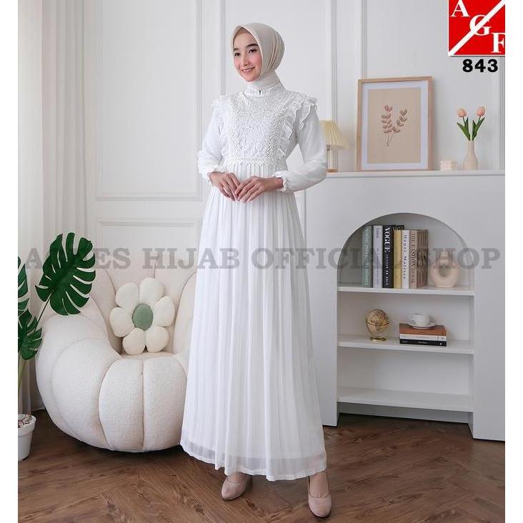 Murah AH - Gamis Putih Lebaran 2026 Terbaru Baju Muslim Wanita Dewasa Gaun Pesta Kondangan Mewah Sim