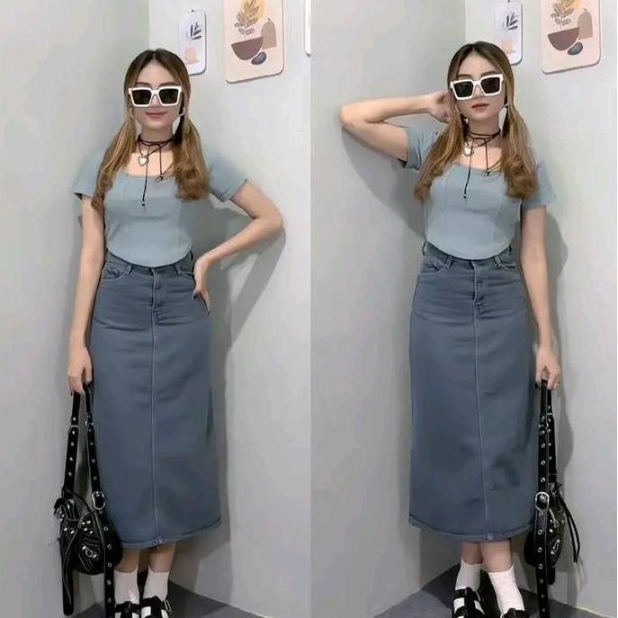 Willply Rok Jeans 7/9 Wanita Cewek Setrit Rok Theana Skirt Belangkang Karet  Rok Span Belah Dibelaka