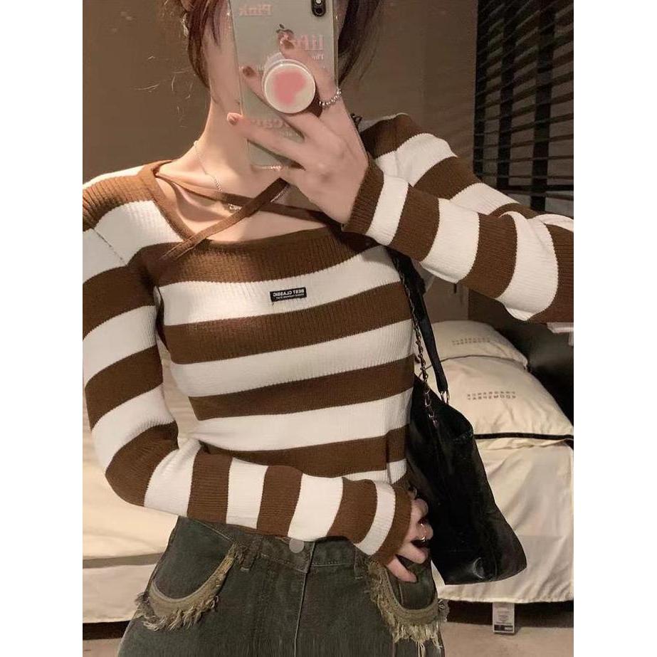 AJW [XCK] Atasan Wanita Boat Neck Long Sleeve Strap Front Knit | Pakaian Wanita Kekinian Salur Rajut