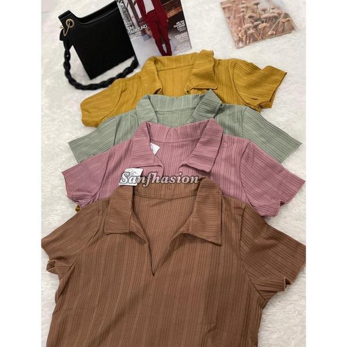 Sanfhasion~miki crop top atasan wanita rib kerah v