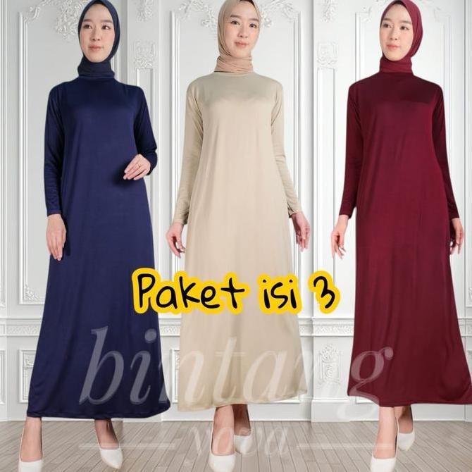 Murah PAKET ISI 3 INNER DRESS MUSLIMAH MANSET GAMIS LENGAN PANJANG POLOS DALAMAN GAMIS BASIC HITAM P
