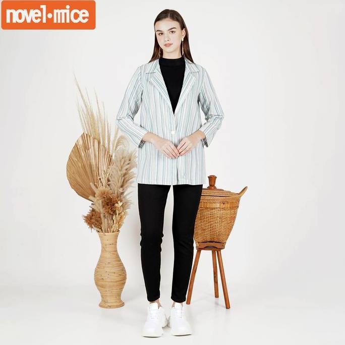 Murah Blazer Wanita Katun Salur | Outer Wanita Blue Stripe Lengan Panjang Motif Salur | Novel Mice O