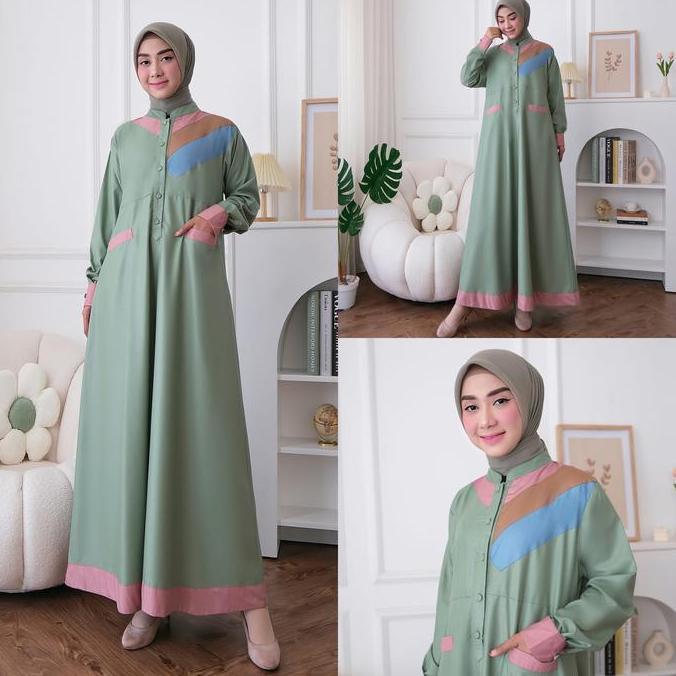 Gamis Aqilla Katun Toyobo Kombinasi Muslim Wanita Terbaru Cod Baju Panjang Dewasa Kancing Dress Lemb