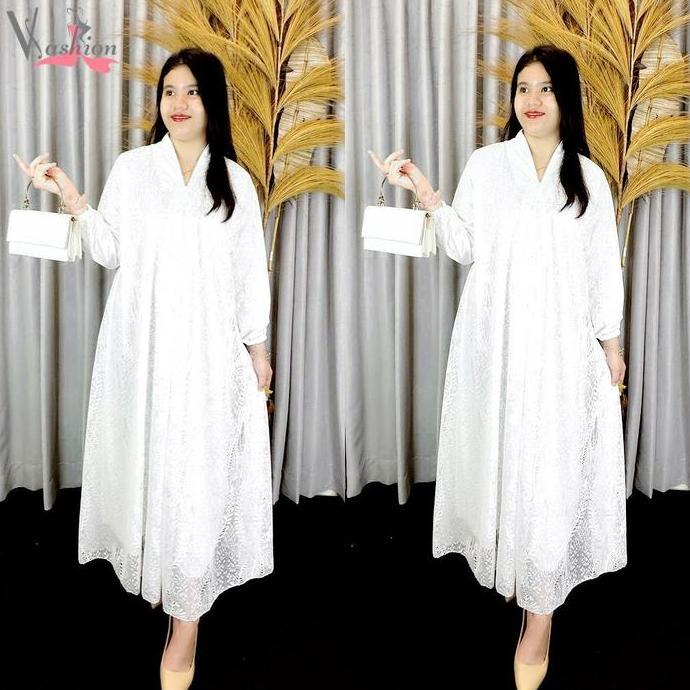 Gamis Brukat Tile Polos Putih Kartini A-Line Baju Muslim Vima 75385