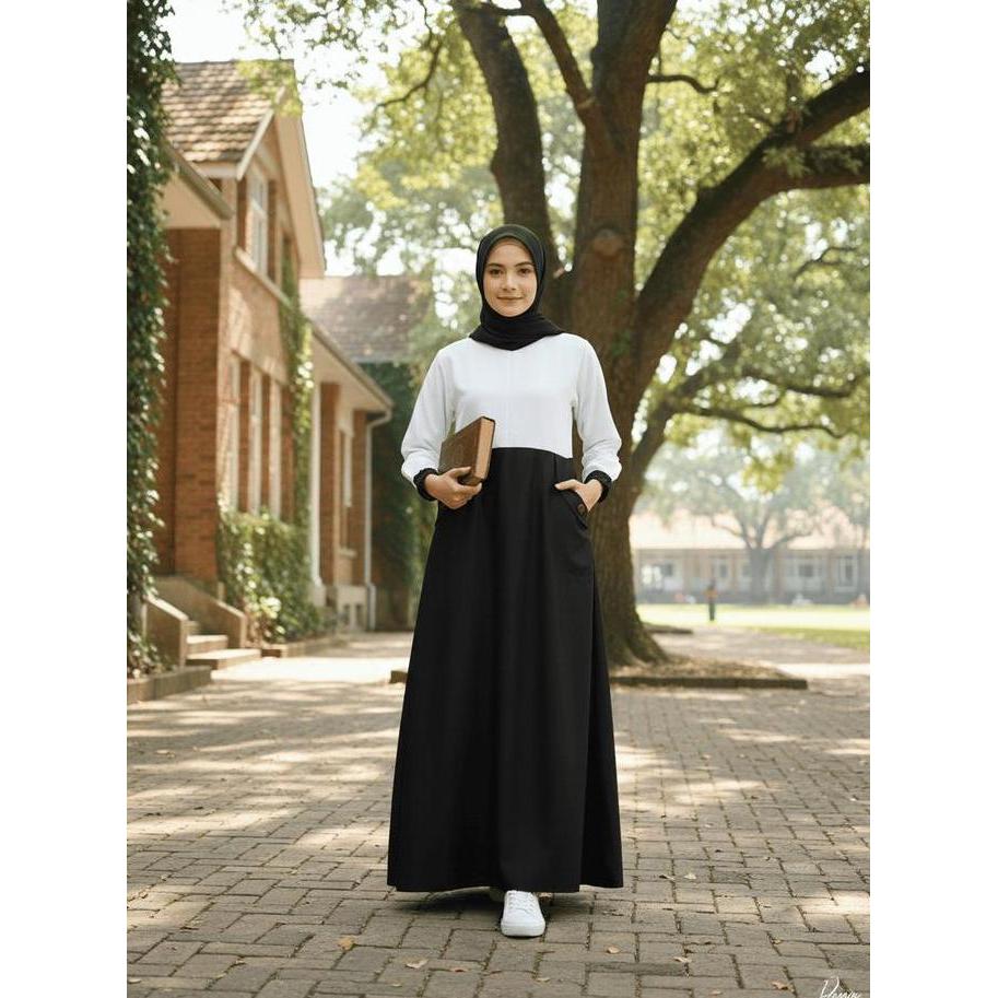 Gamis Seragam Kerja PNS PDH Kombinasi Hitam Putih Dress Wanita Toyobo Tebal