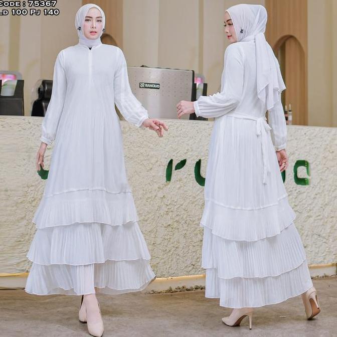 Gamis Ceruty Putih Polos Plisket Rempel Baju Muslim Vima 75367