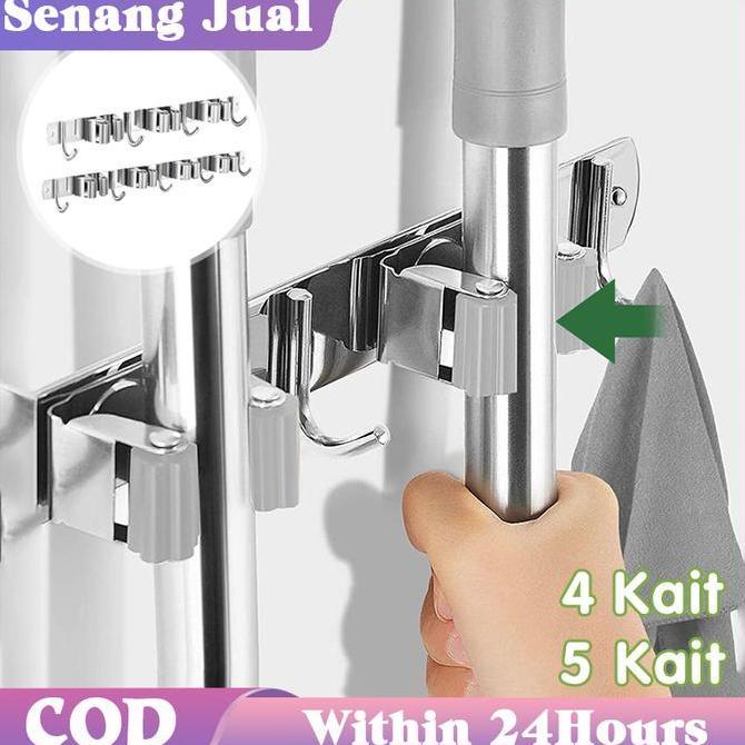 REZORHA Tempat Gantungan Sapu 4 Slot 5 Kait Penjepit Gantungan Sapu Gantungan Sapu Dan Pel Stainless