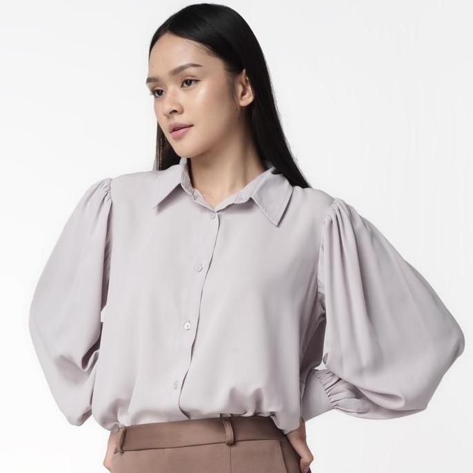 Promo Benhill Kemeja Wanita " Seori" Tops Lengan Panjang Puff Grey 250-39879 Atasan Baju Diskon