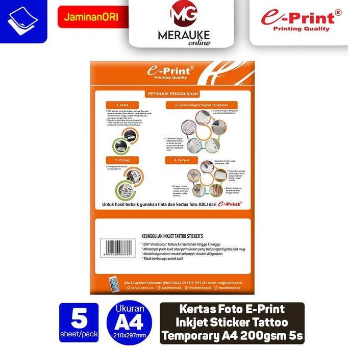 Kertas Foto E-Print Inkjet Sticker Tattoo Temporary A4 200gsm 5s
