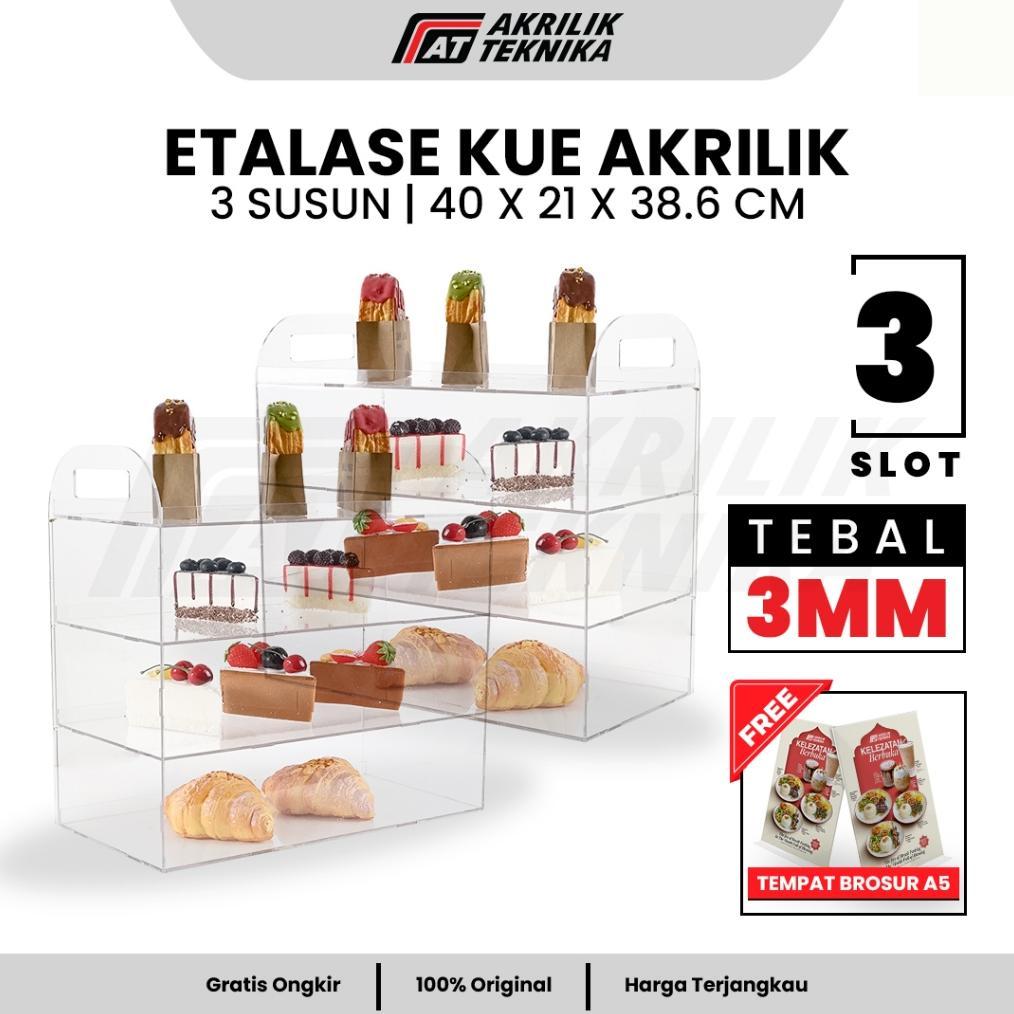 Etalase Kue Akrilik | Rak Display Roti Bakery Tebal 3mm 3 Susun Uk 40x21x38,6 cm
