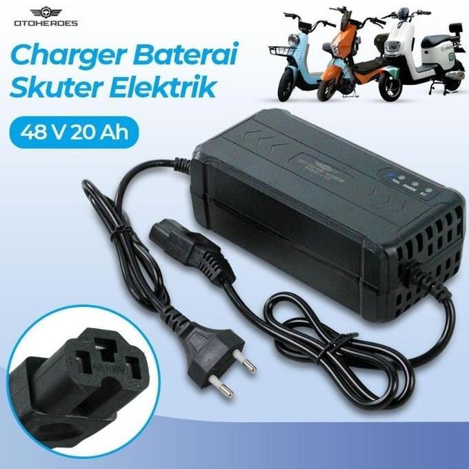 Promo Charger Baterai Aki Motor Sepeda Listrik Skuter 48V 20AH Pengisi Daya Accu EU Plug Lampu Indik