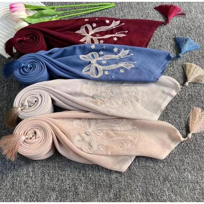 DV105 - Jilbab Segi Empat Paris Coquete Tasel Bordir Pita Bintang I Kerudung Paris Jadul Coquette Pi