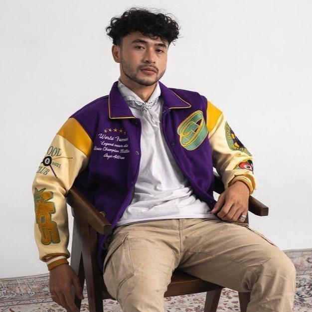 BESTPROMO Orijiattires Jaket Varsity Pria Wanita Ball in Hand Full Bordir Fleece Kombinasi Kulit Kar