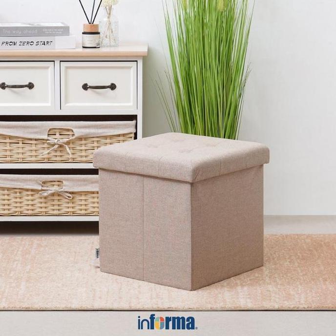 Informa Bangku Ottoman Fabric Lipat Linen - Krem Kotak Penyimpanan Tempat Duduk Puk Bangku Simpan