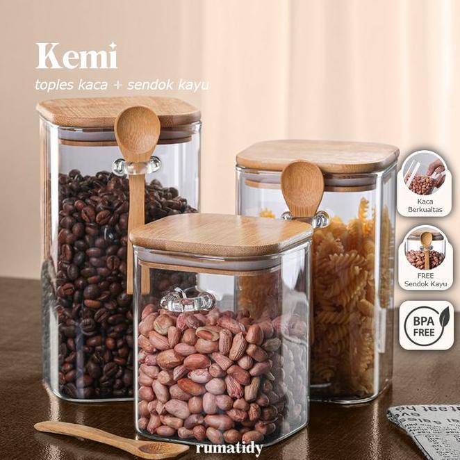 Satuan Kemi Toples Kaca Free Sendok Kayu Dengan Tutup Kayu