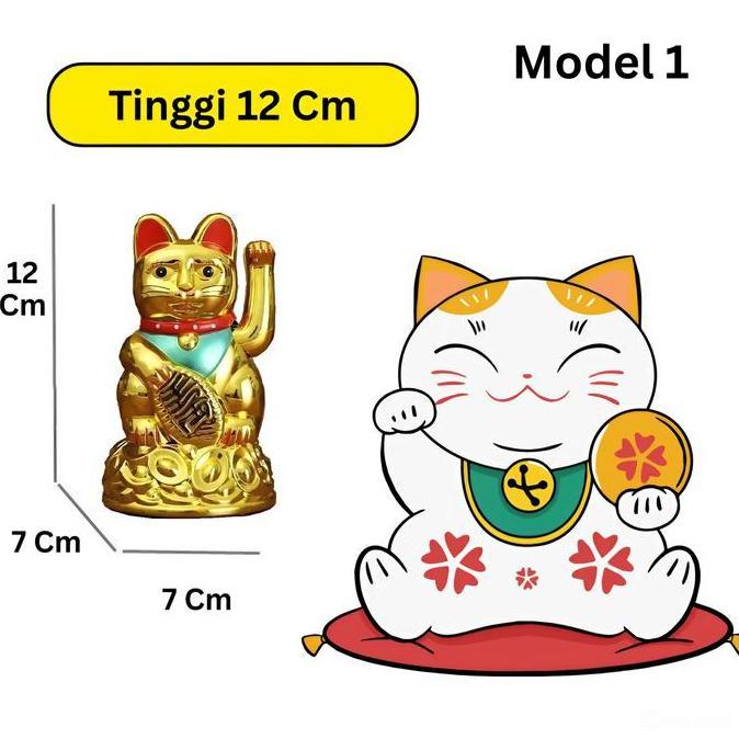 Cotoe- Pajangan Kucing Hoki (Tenaga Baterai) Rejeki Keberuntungan Tinggi 10, 12, 13, 14 & 16 Cm Emas