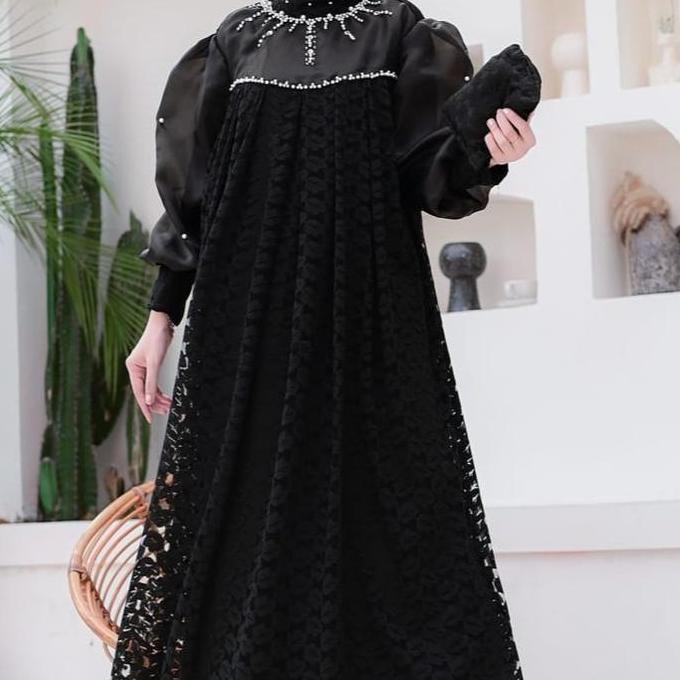 Gamis Tile Hitam Kombinasi Organza Satin Mutiara 70491 Baju Muslim Vima Mewah