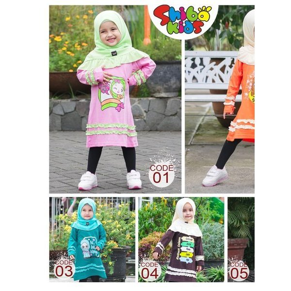{fashionshop} Kaos Tunik Anak Perempunan Plus Kerudung Pakain Muslim Anak Perempuan Merk SHIBAKIDS