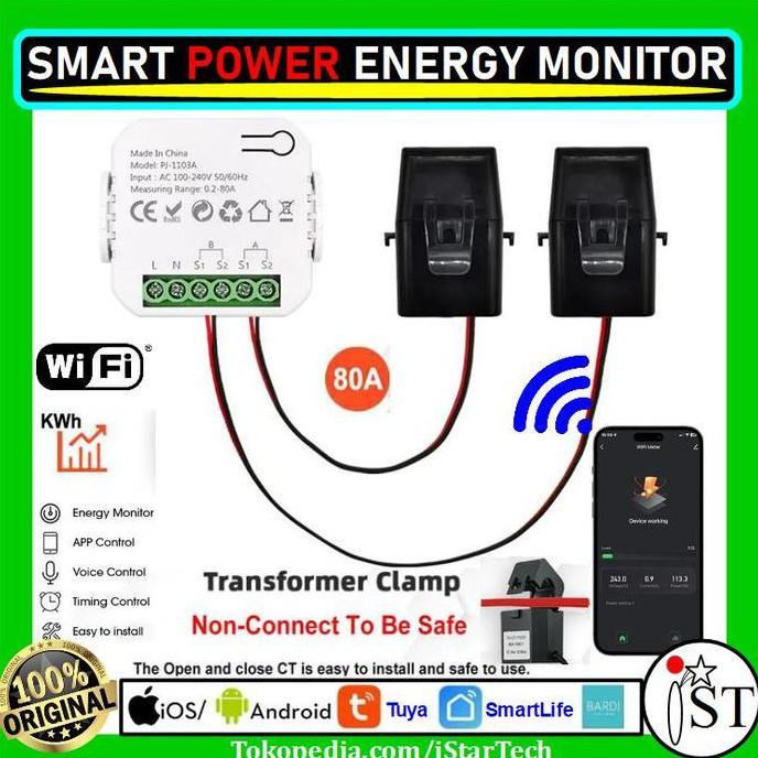 Murah Tuya Smart Energy Meter Power 80A Wifi With Current Transformer Clamp Kwh