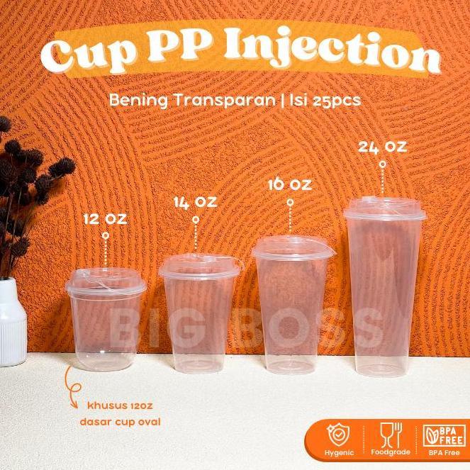 Gelas Plastik Injection Bening Transparan + Tutup 12oz 14oz 16oz 24oz / Gelas Kopi Strawless / Cup M