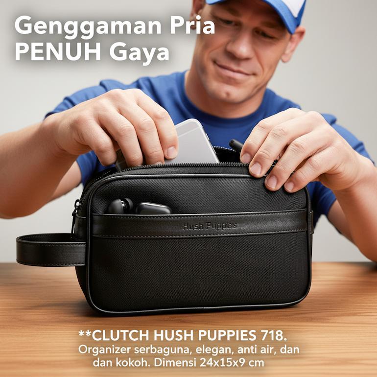 HOT DEALS Tas Pouch Pria Hush Puppies 718 Hitam | Clutch Bag Travel Pria Waterproof Premium