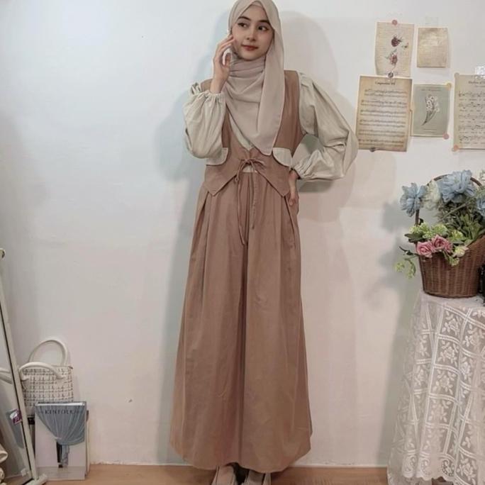 Errie Linen Dress Midi Korean Style Gamis Rompi Remaja by Studhijabstore KAL