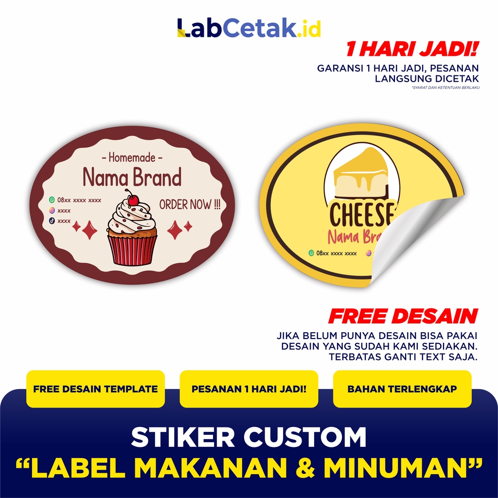 Stiker Label Custom Free Design Oval Vynill Mate Glossy Label Kemasan produk Makanan Minuman Snack