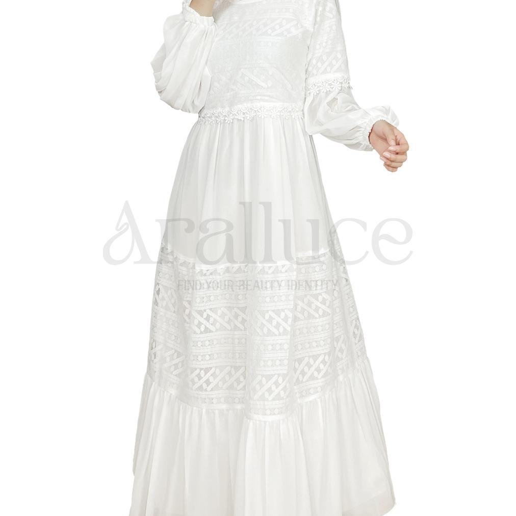 OFFICIAL Baju Dress Gamis Putih Wanita Muslim By ARRALUCE Kekinian Terbaru ARL 048 / Gamis Brukat Br