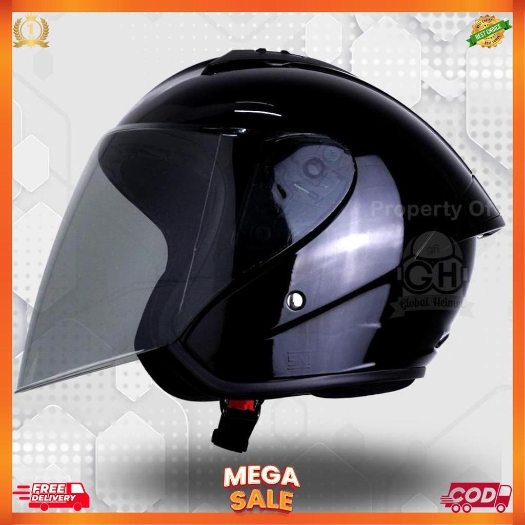 Helm Gm G1 Solid Black Glossy Half Face Single Visor Sni Ori [H2]