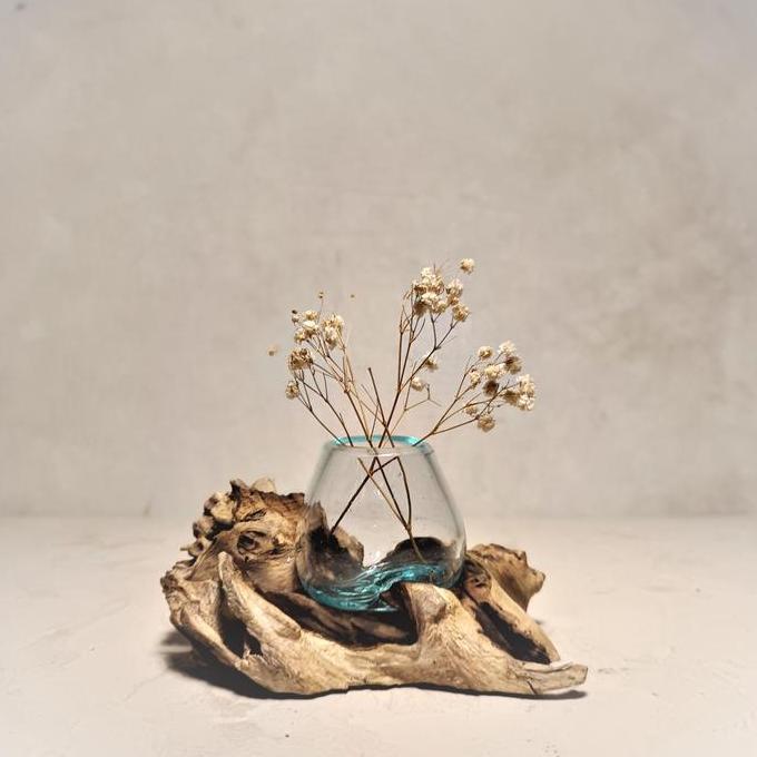 LEOLLE BALI MINI VAS POT KACA TIUP KAYU DRIFTWOOD ALAMI | MELTED GLASS ON WOOD KERAJINAN BALI UNIK |