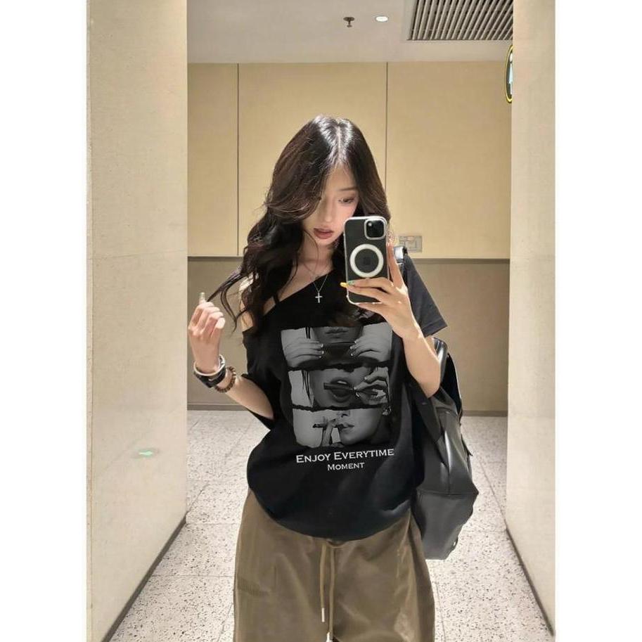 KANO. Kaos Oversize OffShoulder Retro Enjoy Time Baju Crop Top Wanita  Size S-XXL/387 LA
