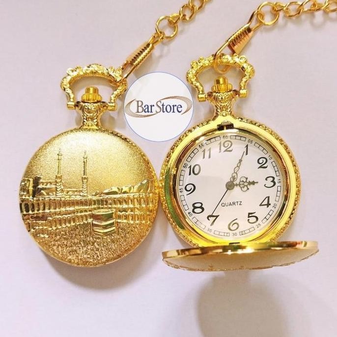 Jam Tangan Saku Vintage Kuno Unik Masjid Pocket Watch Hadiah Kado Chain Gold Quartz Men Retro Gift