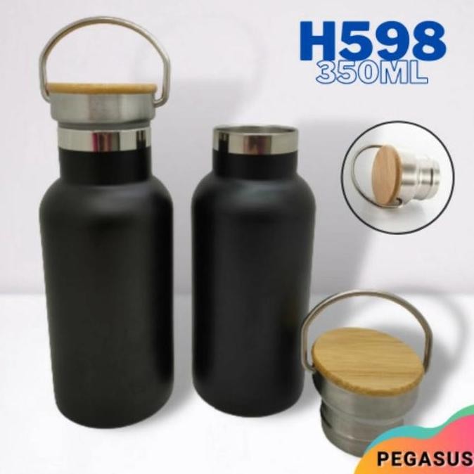 Termos Tutup Bambu Mini 350ML / Tumbler Stenless stel H598 HITAM