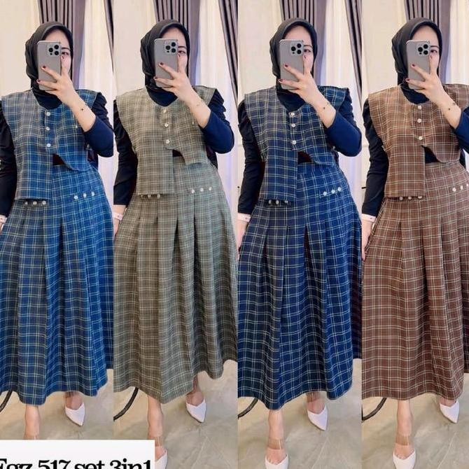 Promo Set Rok Tartan + Vest Tartan Asimetris Kancing Aktif - Setrok Wanita Rok Panjang Cod