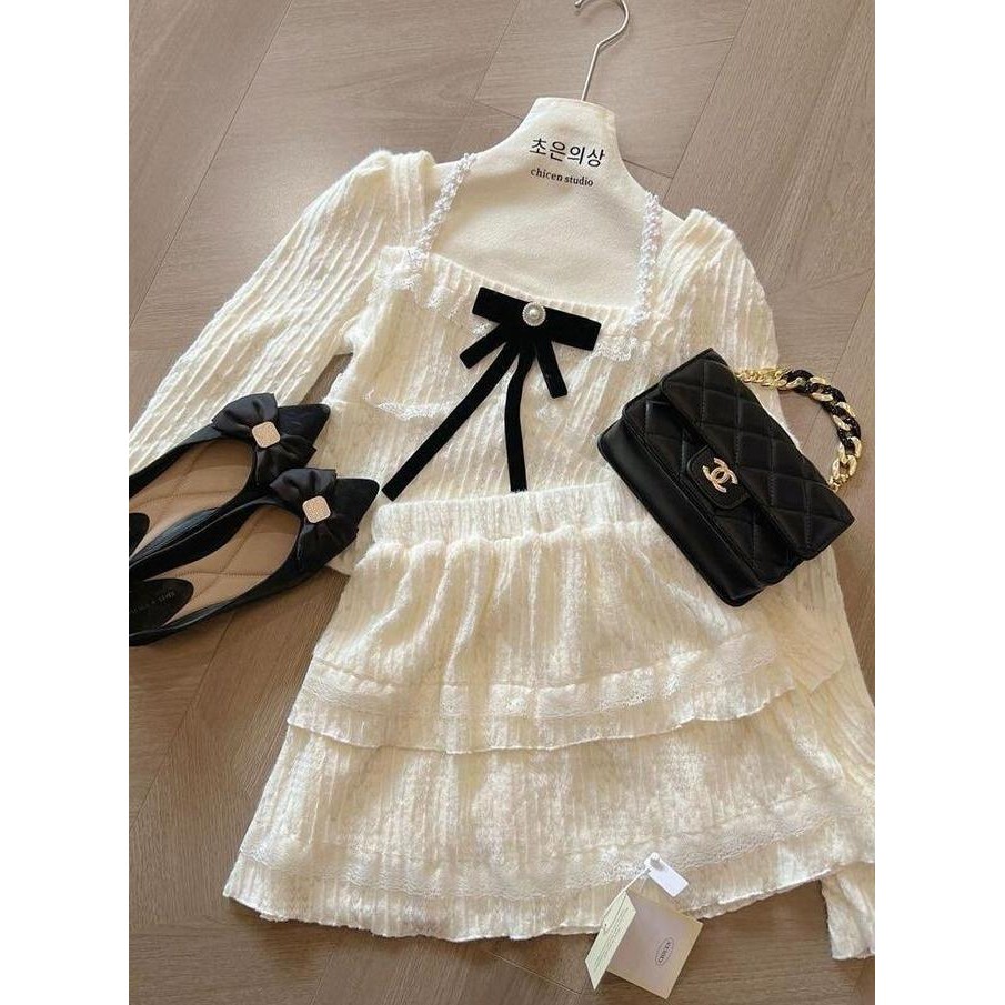 Promo Rok Gaya Yang Sama Rose Set Rok Pendek Dua Potong Renda Wanita Korea/Atasan Pendek Kasual Dan 