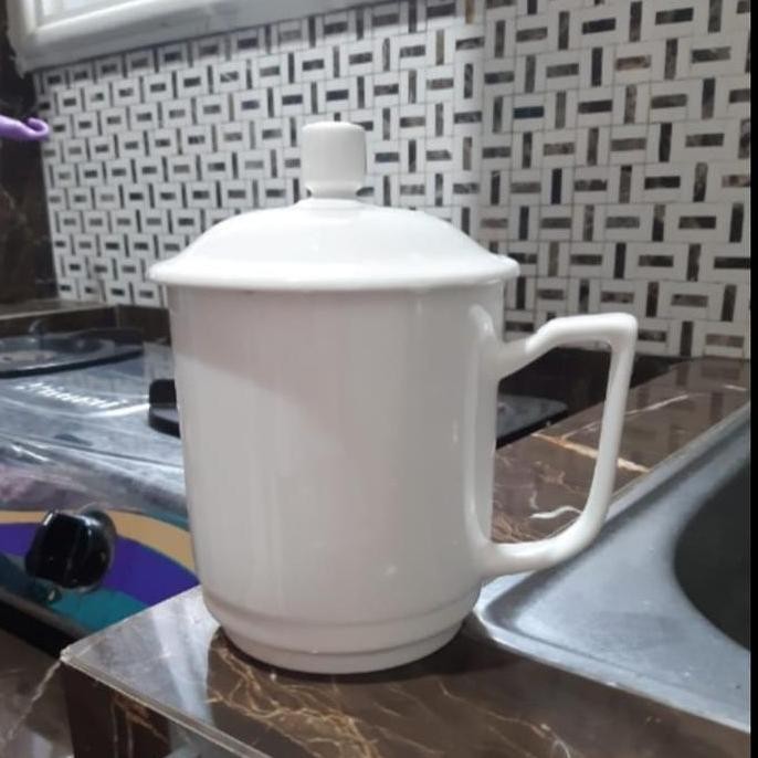 Mug Gelas Tutup Home  Line Keramik Porselen 500 Ml Putih Polos