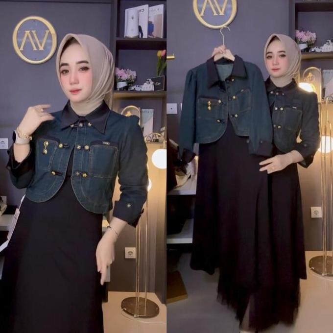 Promo Vaoutfit YUNNA Set Midi Dress Jaket Jeans  Denim PREMIUM WANITA KASUAL KERJA PESTA COD
