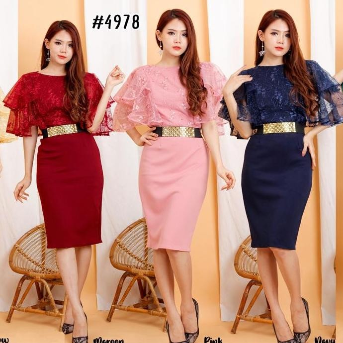 Promo fashion wanita #4978, DRES ROK SPAN BAHAN SCUBA KOMBINASI TILE BORDIR MUTIARA FREE BELT A-Line