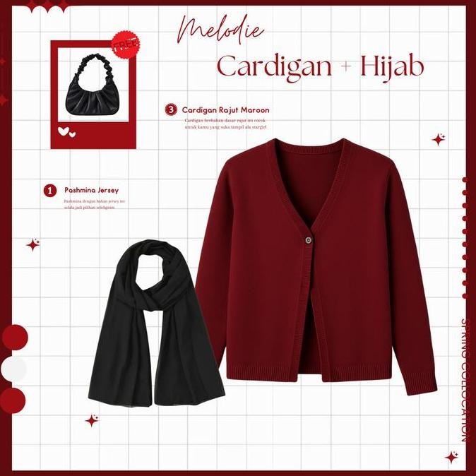 DI101 >> One Set Remaja Berhijab Korean Style Wanita | Pashmina Jersey Hitam, Cardigan Rajut Maroon 