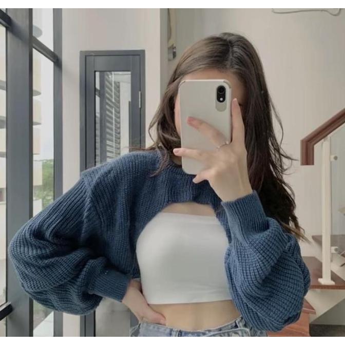 DV16 }} Cardigan crop lengan balon rajut tebal / outer wanita rajut kekinian