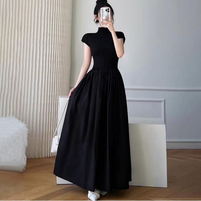 Promo COD Dress korean style hitam jumbo panjang dress hitam midi  Lengan Pendek dewasa Dress Maxi t