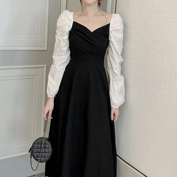 Promo HIJAB FRIENDLY - DR63 Dress Vintage Two Tone Hitam Putih Model V Neck COD