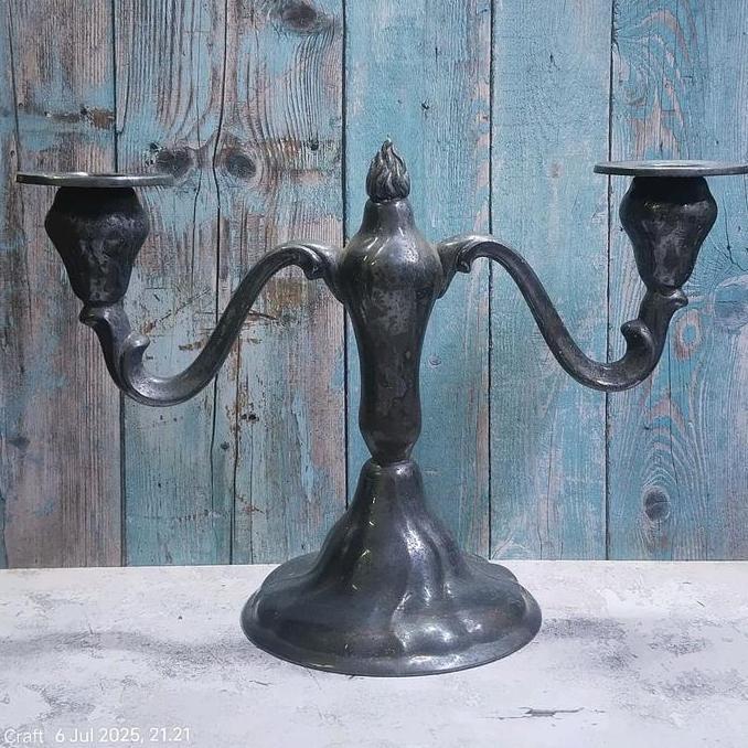 Tempat Lilin Antik Cabang 2 Logam Lapis Perak