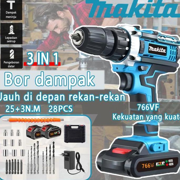 CHESS MAKITA Mesin Bor Listrik 766V Mesin bor 2baterai cas 10mm bor listrik murah bor tangan baterai