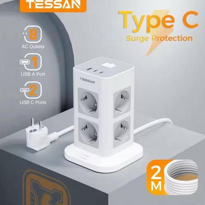 KAHONO- TESSAN TS-TPS03-DE-2C-GR Stop Kontak Soket Multi Outlets Power Strip 8 Lubang Outlet EU Colo
