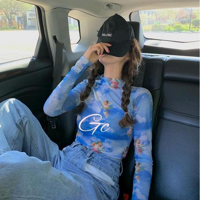 Blue n Black Angel Transparent Crop Top Turtle Neck Long Sleeve Atasan Cupid Transparan Biru dan Hit