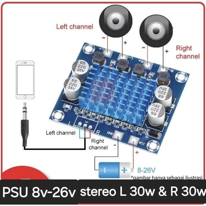 ( Power Mini 30W + 30W ) Modul  Speaker  Kit Pcb Amplifier Ampli Stereo  Psu 8V 9V 10V 12V 15V 18V 3
