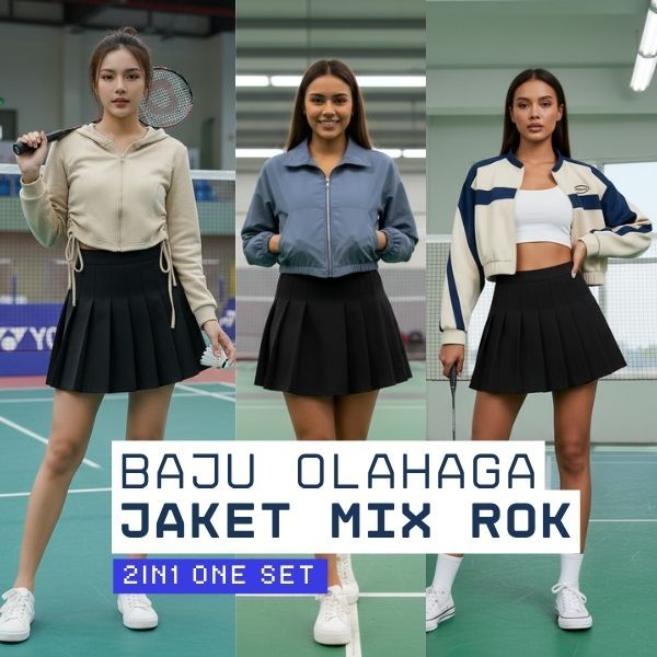 Setelan Baju Olahraga Korea Style (Rok Tennis+Jacket) One Set Olahraga Lari Gym Zumba Tennis Padel W