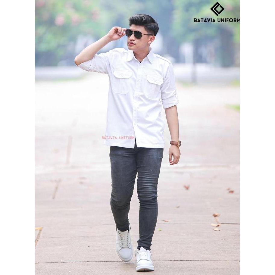 DR162>> Baju Kemeja PDL Lapangan Tactical Lengan Panjang Custom Bordir Putih