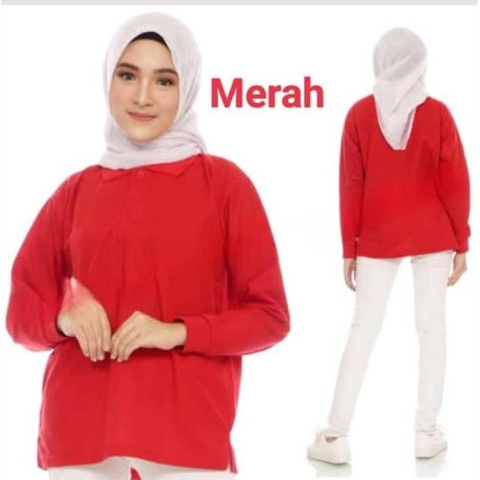 DE16 - Kaos Kerah Polos Merah Lengan Panjang UNISEX - Kaos Kerah Panjang - Kaos Kerah Polos Panjang 
